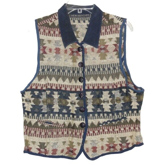 New Identity Jackets & Blazers - New Identity Size M Womens Vest Aztec Print Button Up Navy Collar Woven Layering
